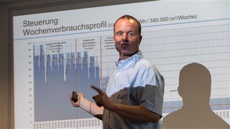 ZF Friedrichshafen employee Baumgarten shows the weekly compressed air demand profile